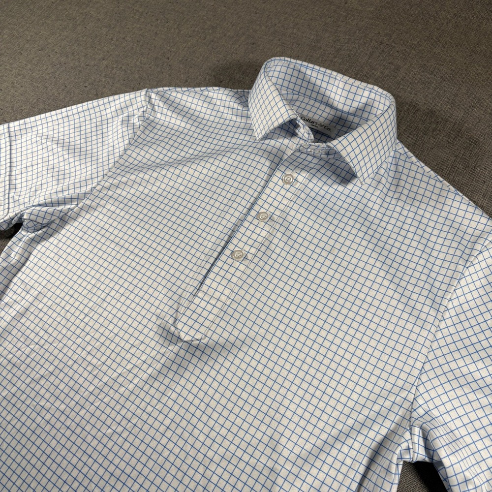 Collars & Co Dress Collar Polo Mens Small Blue White Graph Check Short Sleeve